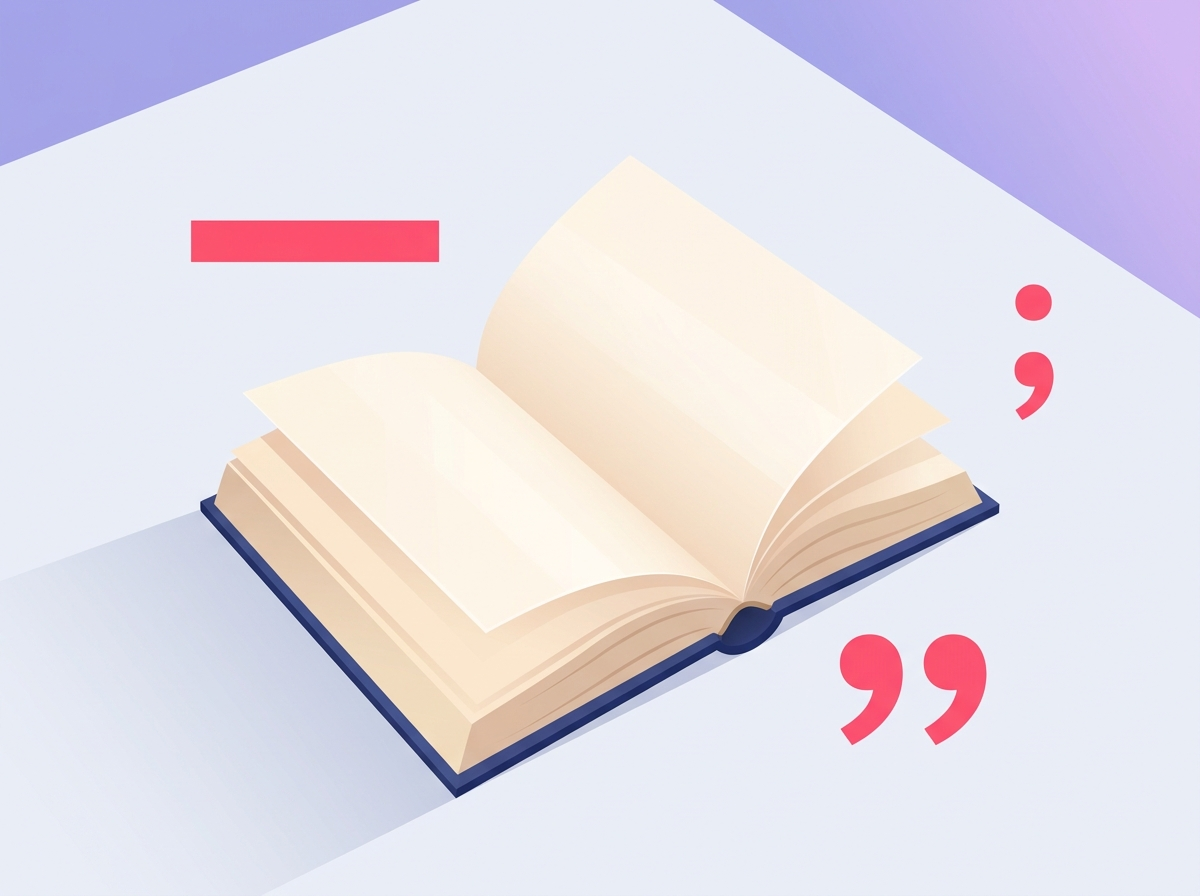 Editorial illustration of an open book with punctuation marks floating around it